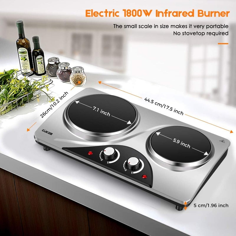 CUKOR Electric Hot Plate, 1800W Portable Electric Stove,Infrared Double Burner,Heat-up In Seconds,7.1 Inch Ceramic Glass Double Hot Plate Cooktop for Dorm Office Home Camp, Compatible w/All Cookware - Image 2